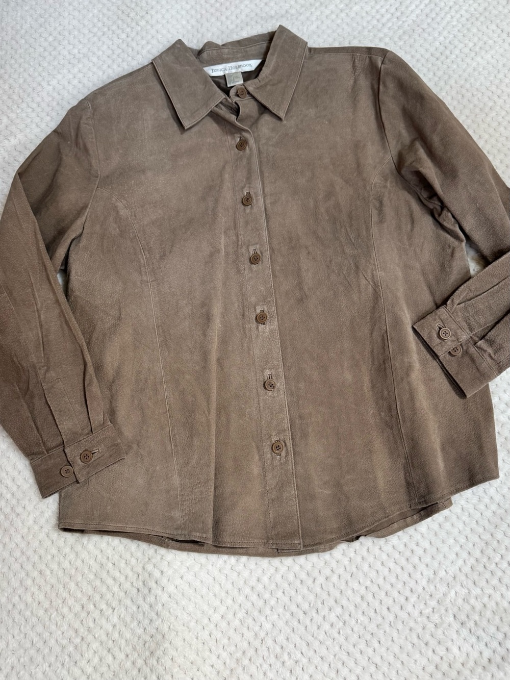 Jessica Holbrook Tan Suede Button‑Down Leather Shirt — 1X